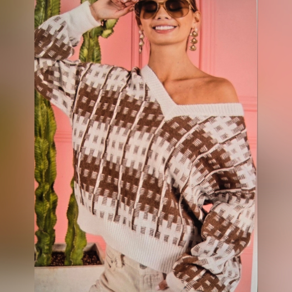 BiBi Brown/ White V-Neck Drop Shoulder NWT Cozy Sweater. Size L